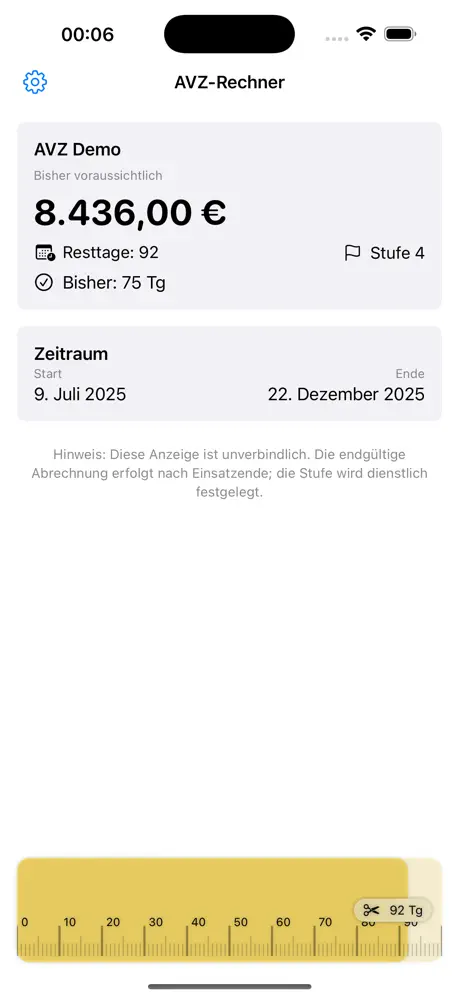 AVZ-Rechner Screenshot Übersicht