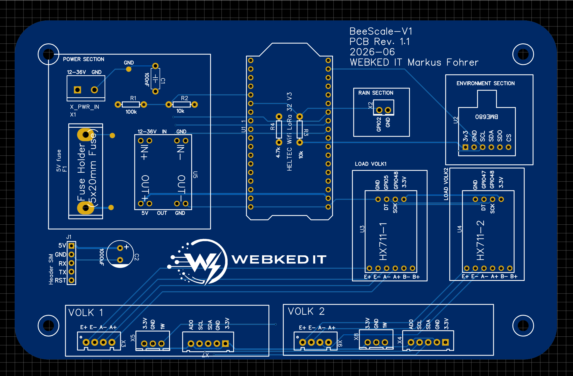 BeeScale-V1 PCB Design Rev. 1.1 — Leiterplatten-Entwurf mit HELTEC LoRa32, HX711 Wägezellen, BME680 und Solar-Laderegler