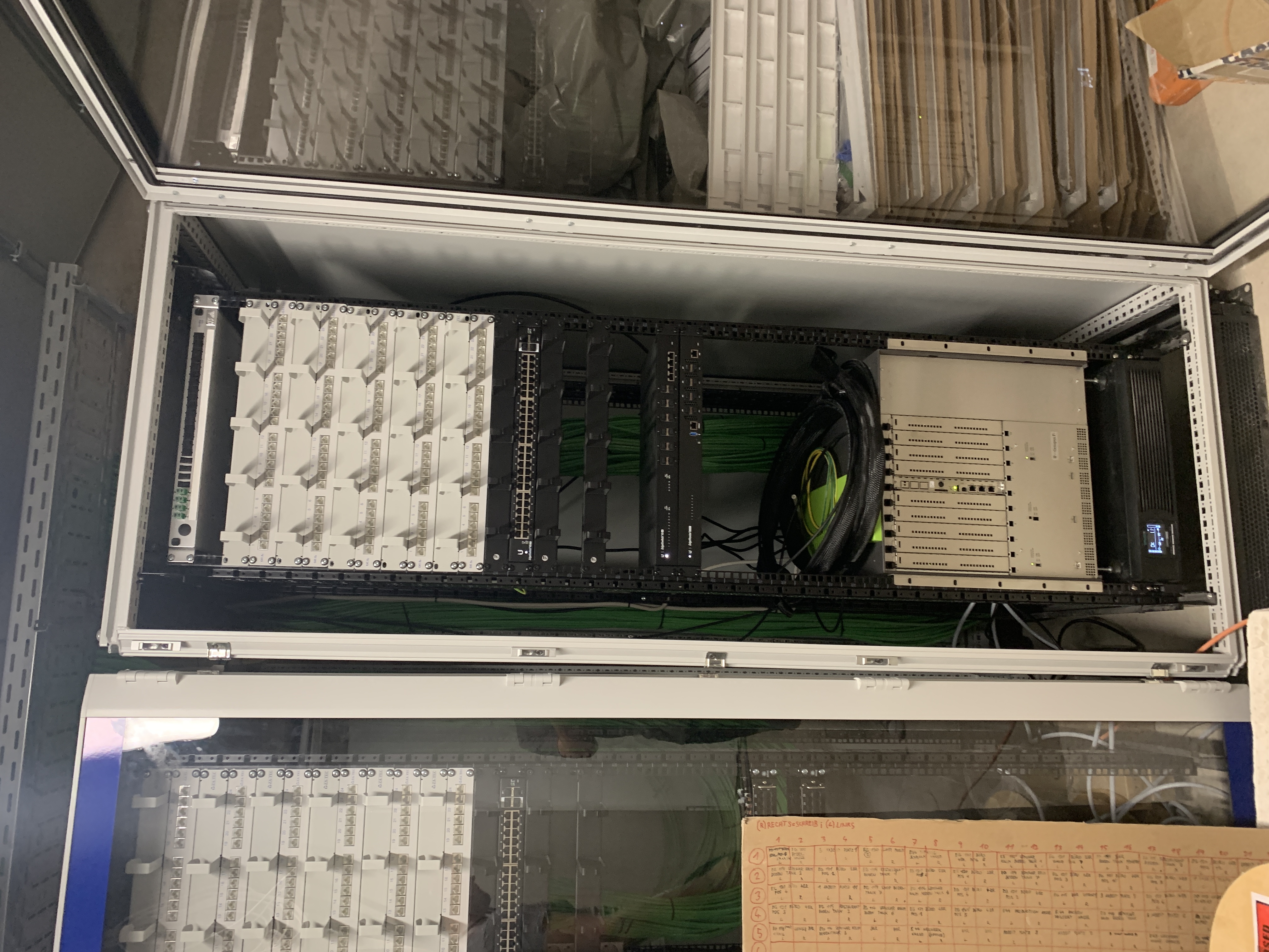 Geöffneter Netzwerkschrank von oben mit Patchfeld, Switch und strukturierter Verkabelung