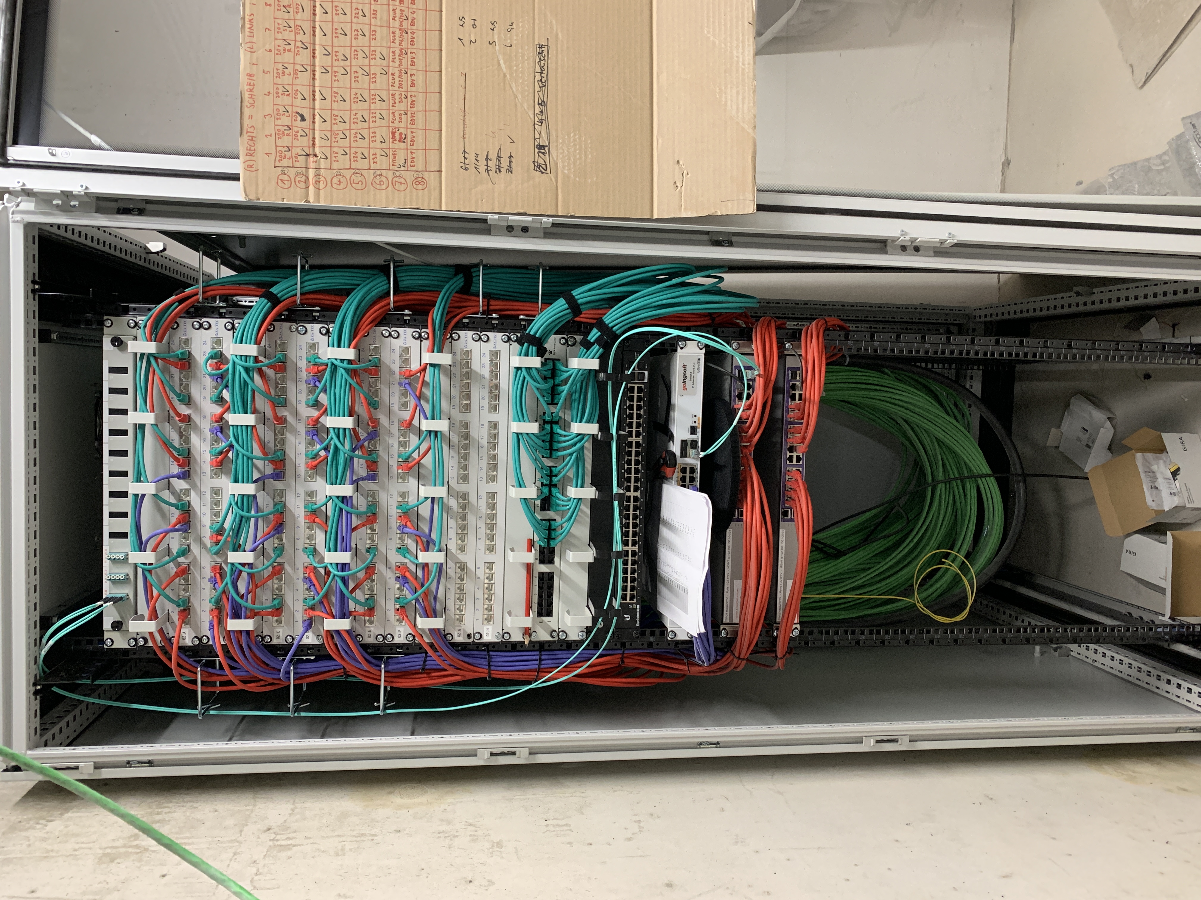 Offener Rack-Einschub mit farbcodierten Patchpanels und strukturierter Kabelführung
