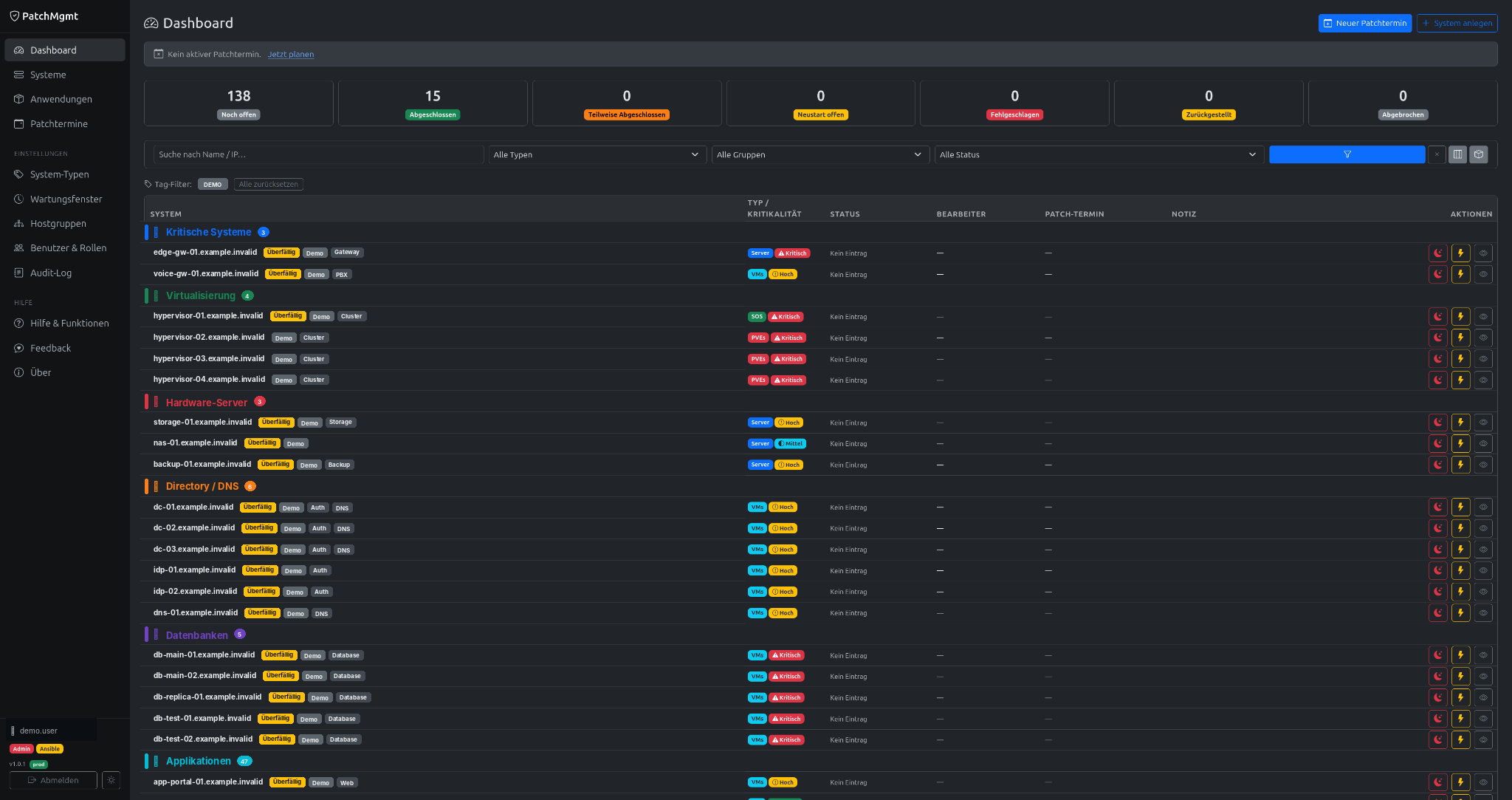 Screenshot Patchmanagement-Dashboard — Übersicht über 138 IT-Systeme mit Patch-Status